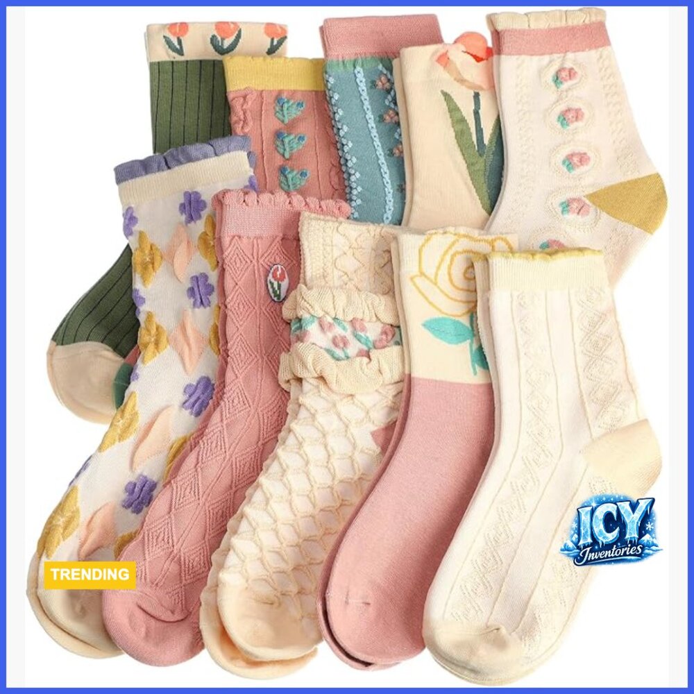 Cotton Mid Calf Socks, 10 Pairs Lace Ruffles Floral Casual